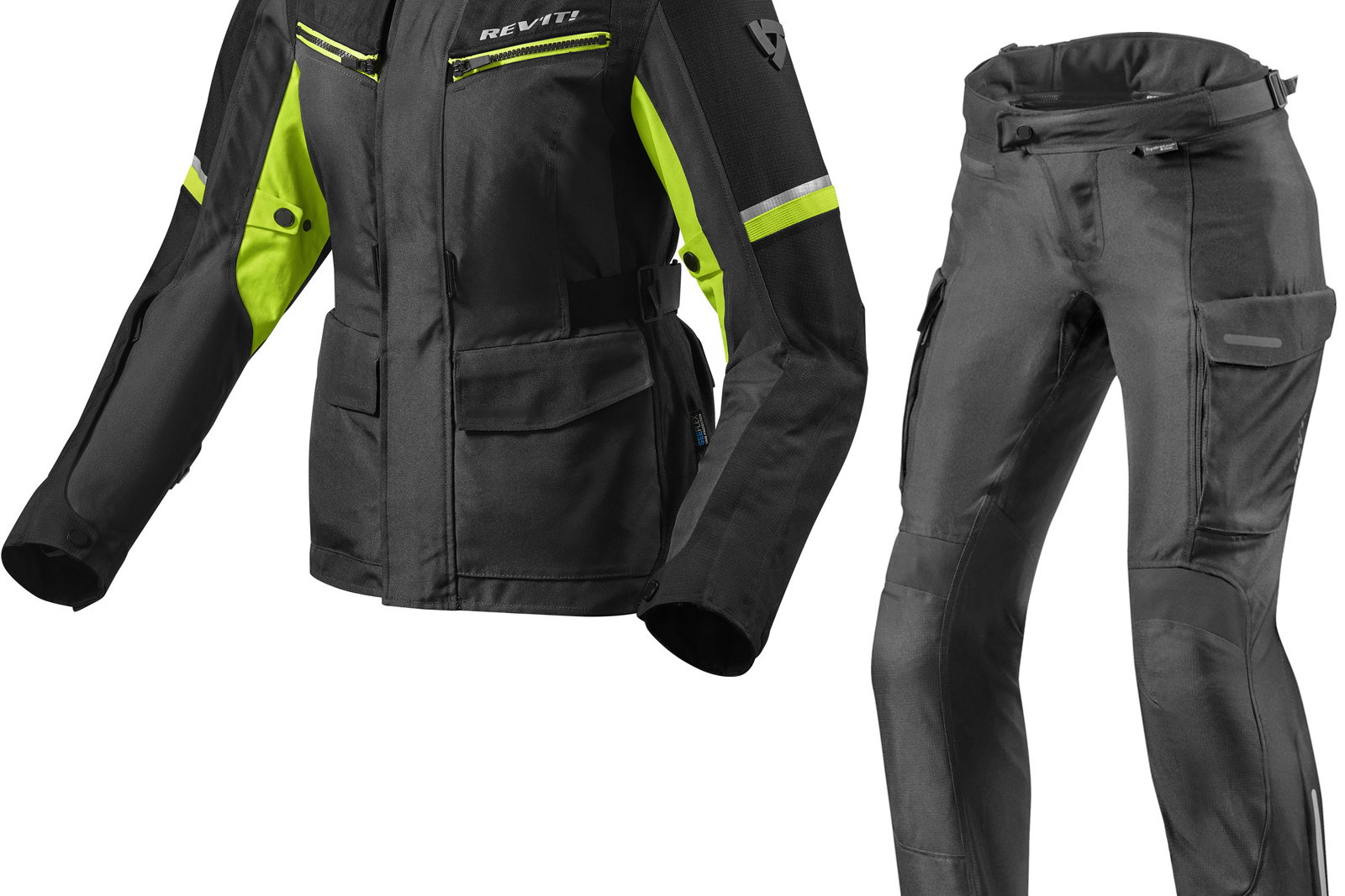 Rev It Outback 3 Ladies Motorcycle Jacket & Trousers Black Neon Yellow Kit
