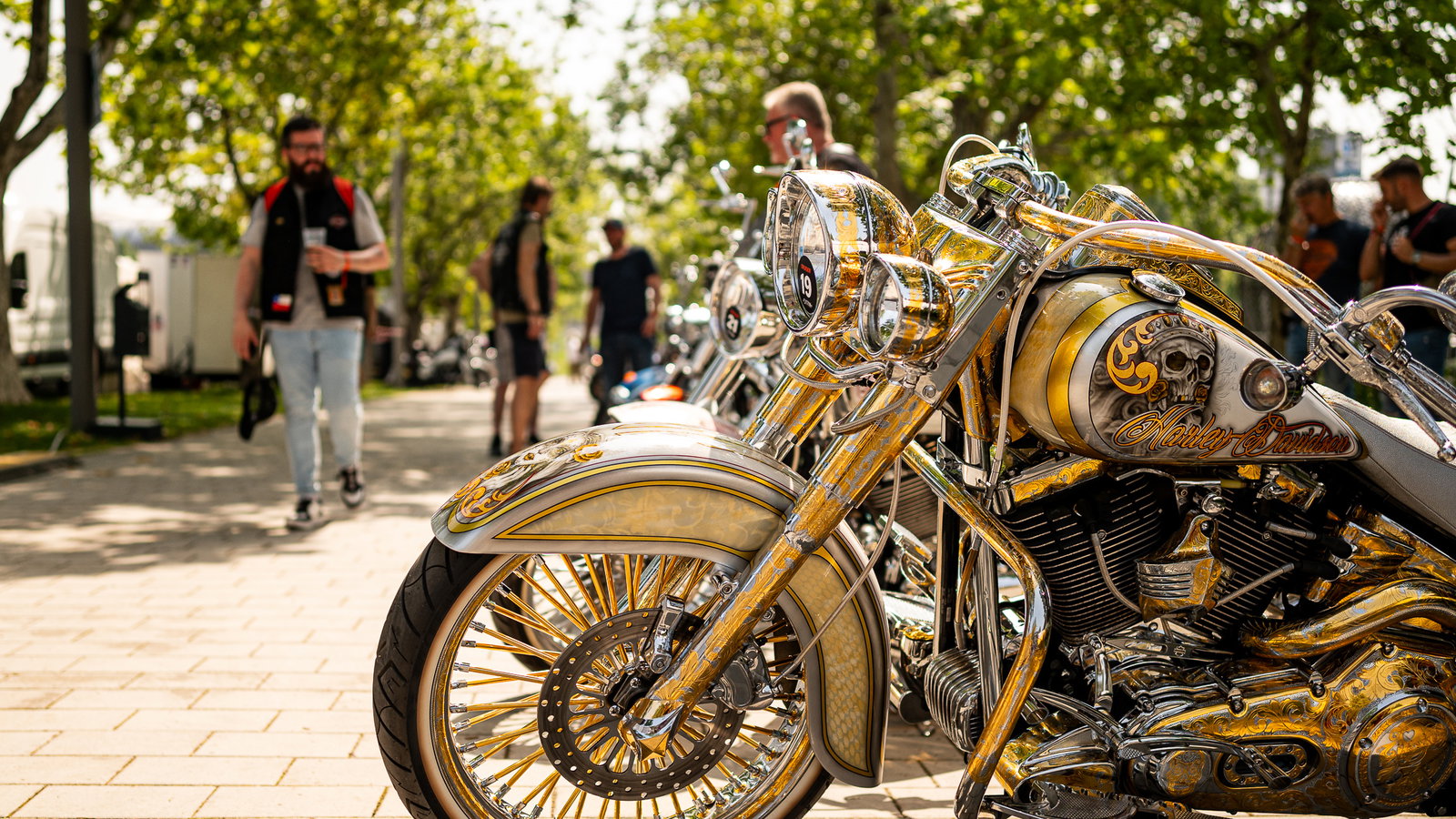 The line of bikes in the Harley-Davidson Custom Bike Show