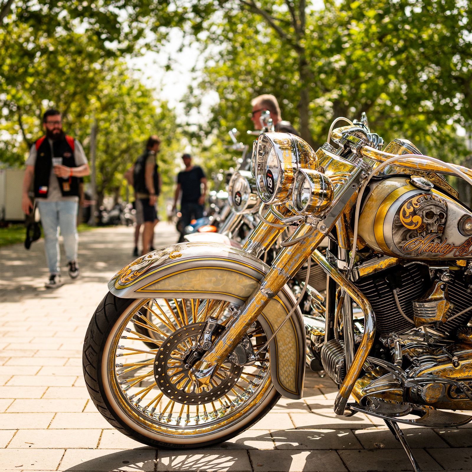 The line of bikes in the Harley-Davidson Custom Bike Show