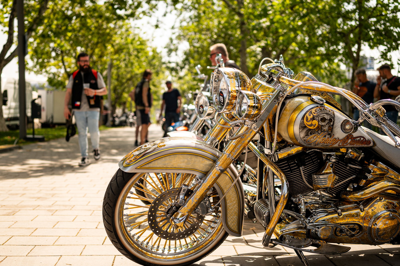 The line of bikes in the Harley-Davidson Custom Bike Show