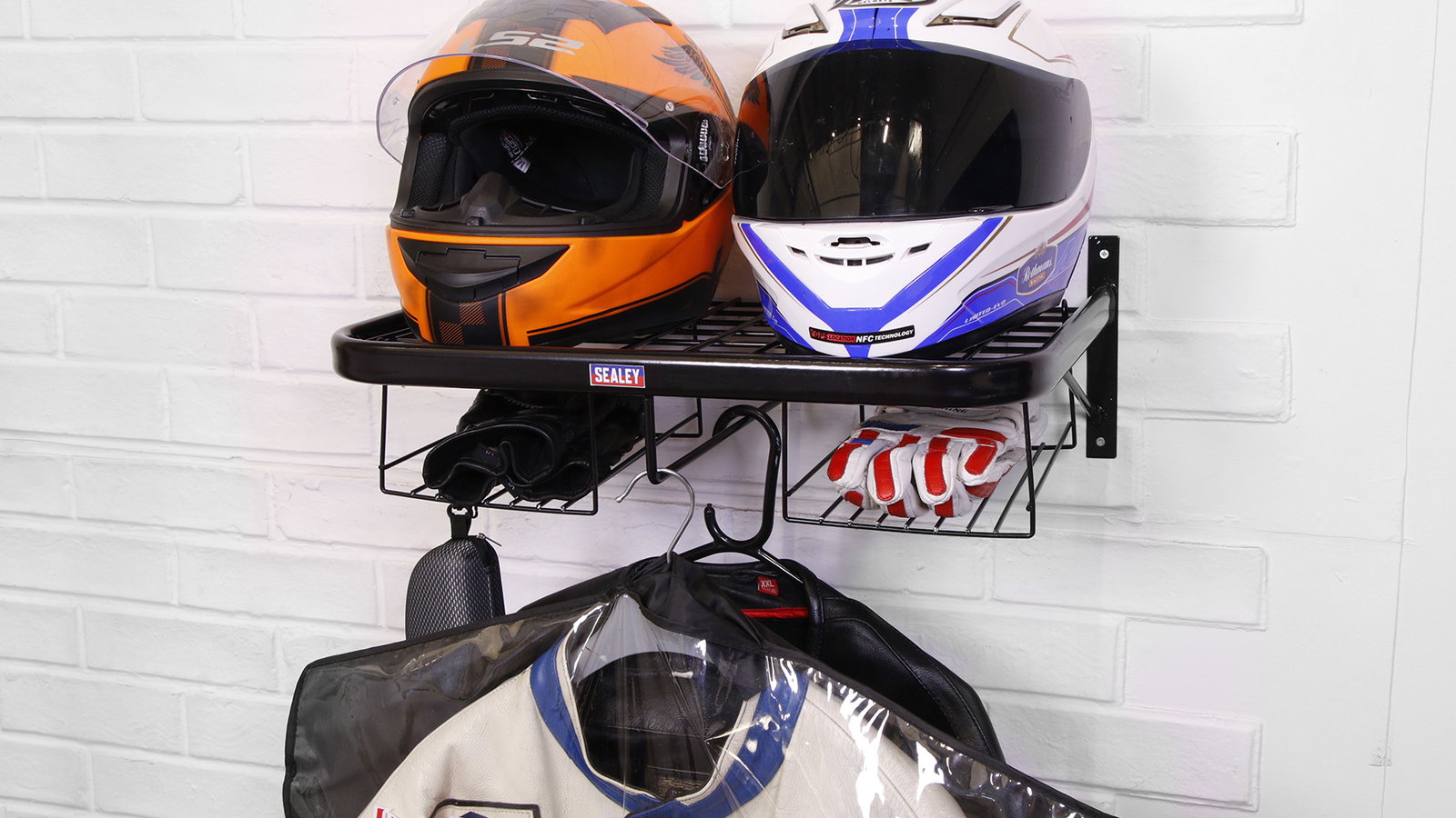 Motorcycle helmet and gear tidy, without two helmets and a jackets