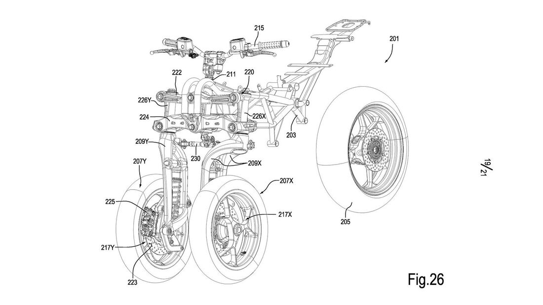 Piaggio Watt's linkage suspension patent drawing. - Motorrad