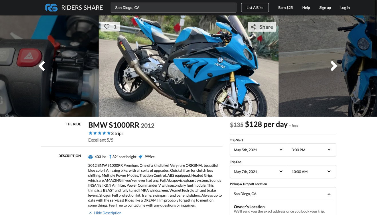 Riders Share BMW S1000RR rental