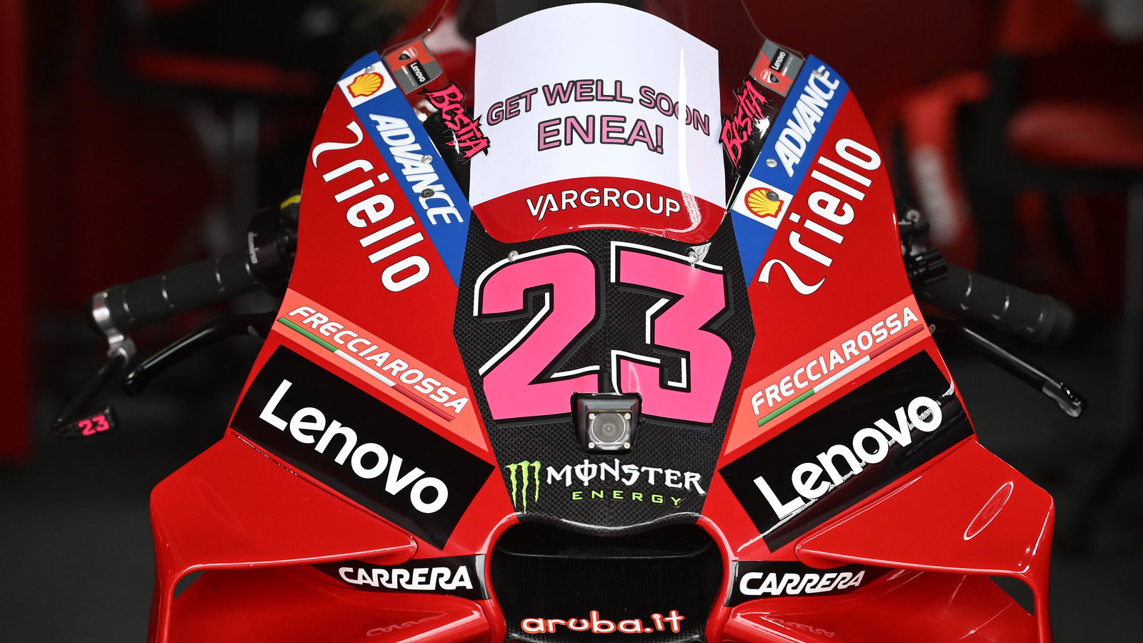 #23 Ducati Desmosedici GP with "Get Well Soon Enea" message displayed in screen.