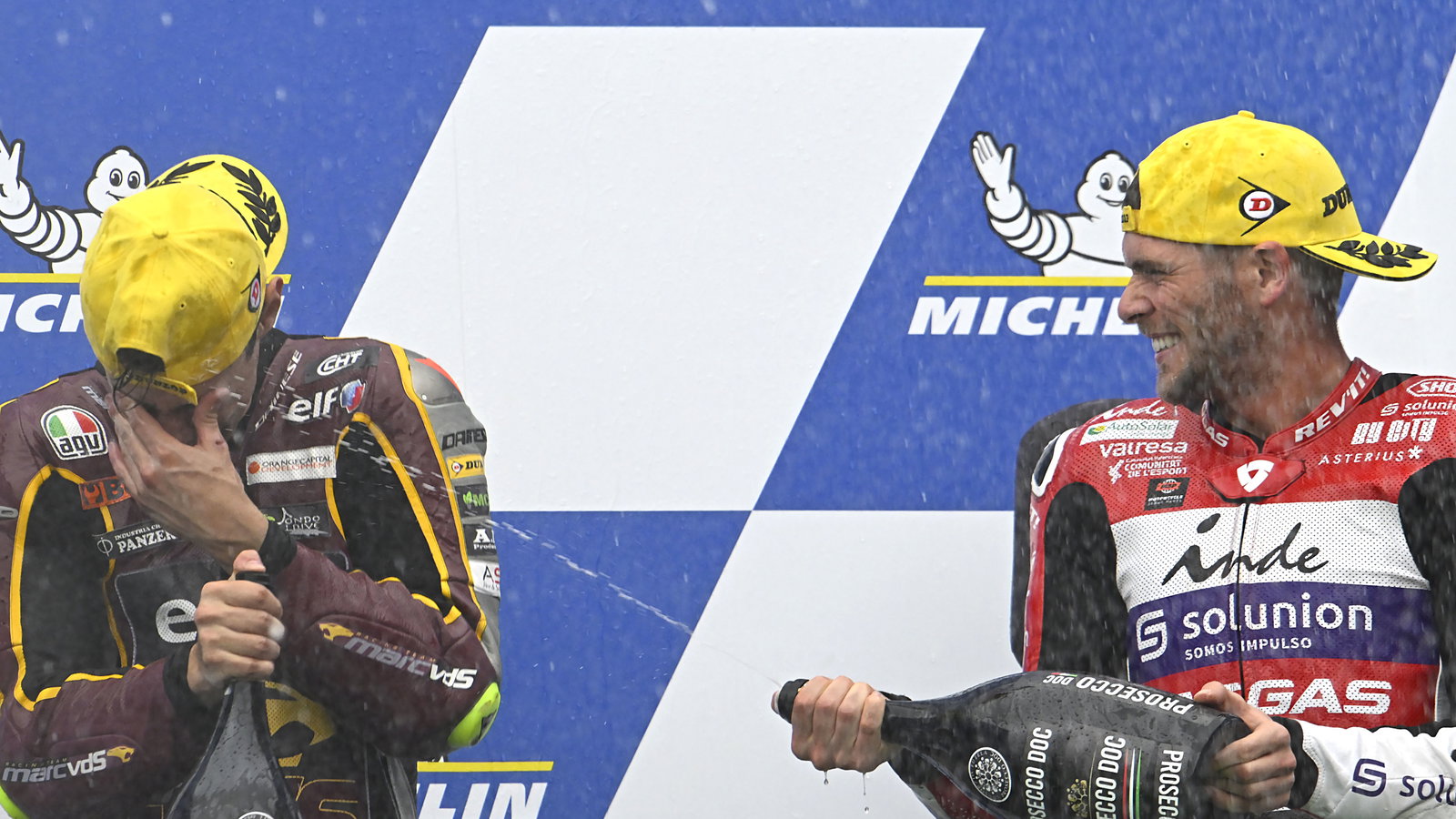 Jake Dixon, Tony Arbolino, 2023 Moto2 Argentinian Grand Prix podium. - Gold and Goose