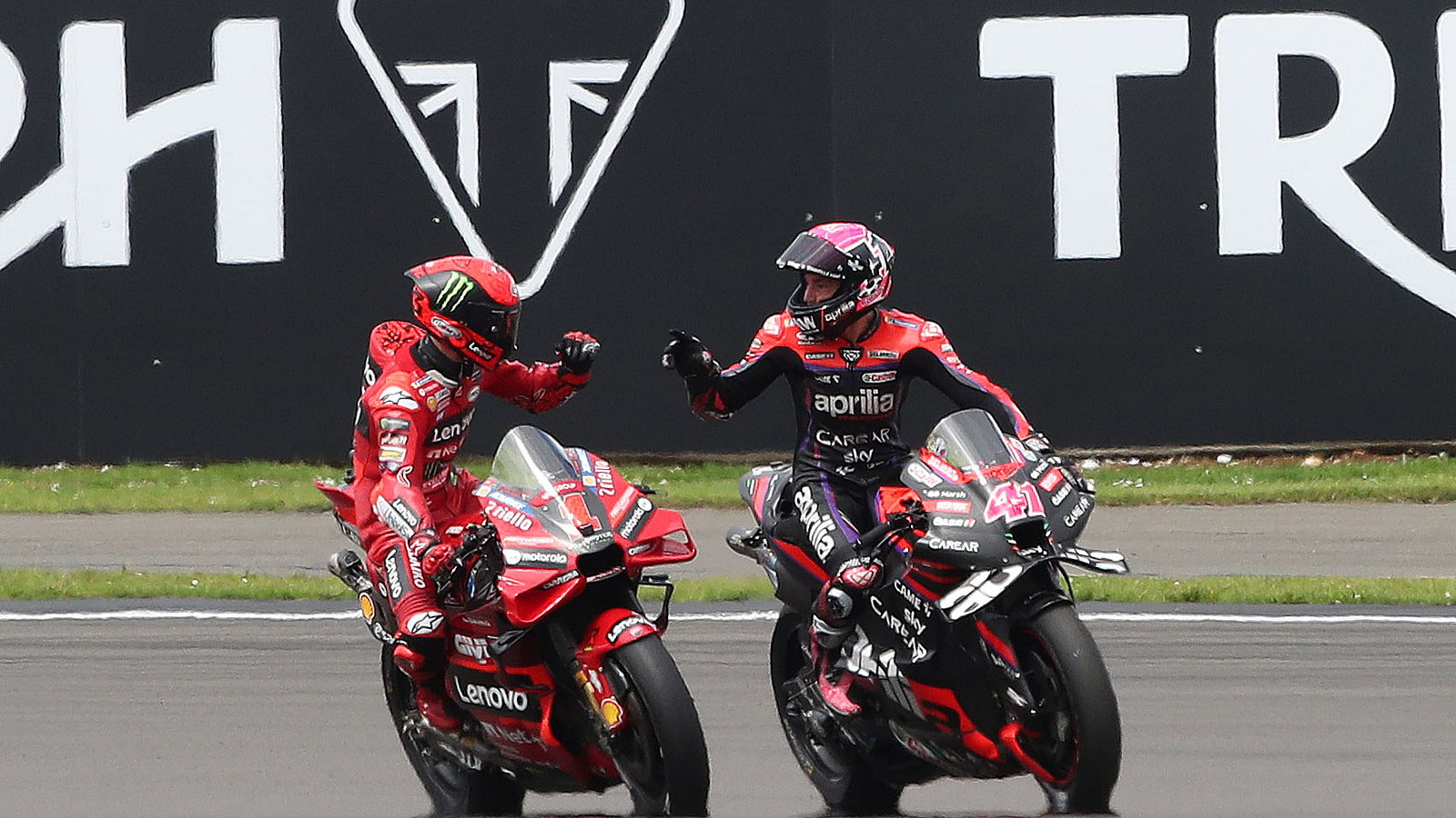 Aleix Espargaro, Francesco Bagnaia, 2023 MotoGP British Grand Prix. - Gold and Goose
