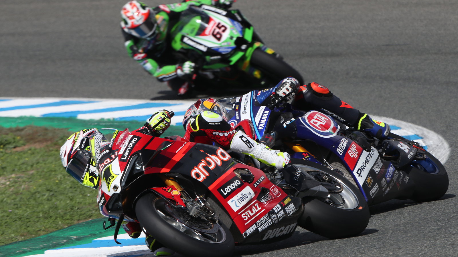 Alvaro Bautista, Toprak Razgatlioglu, Jonathan Rea, 2023 Jerez WorldSBK. - Gold and Goose