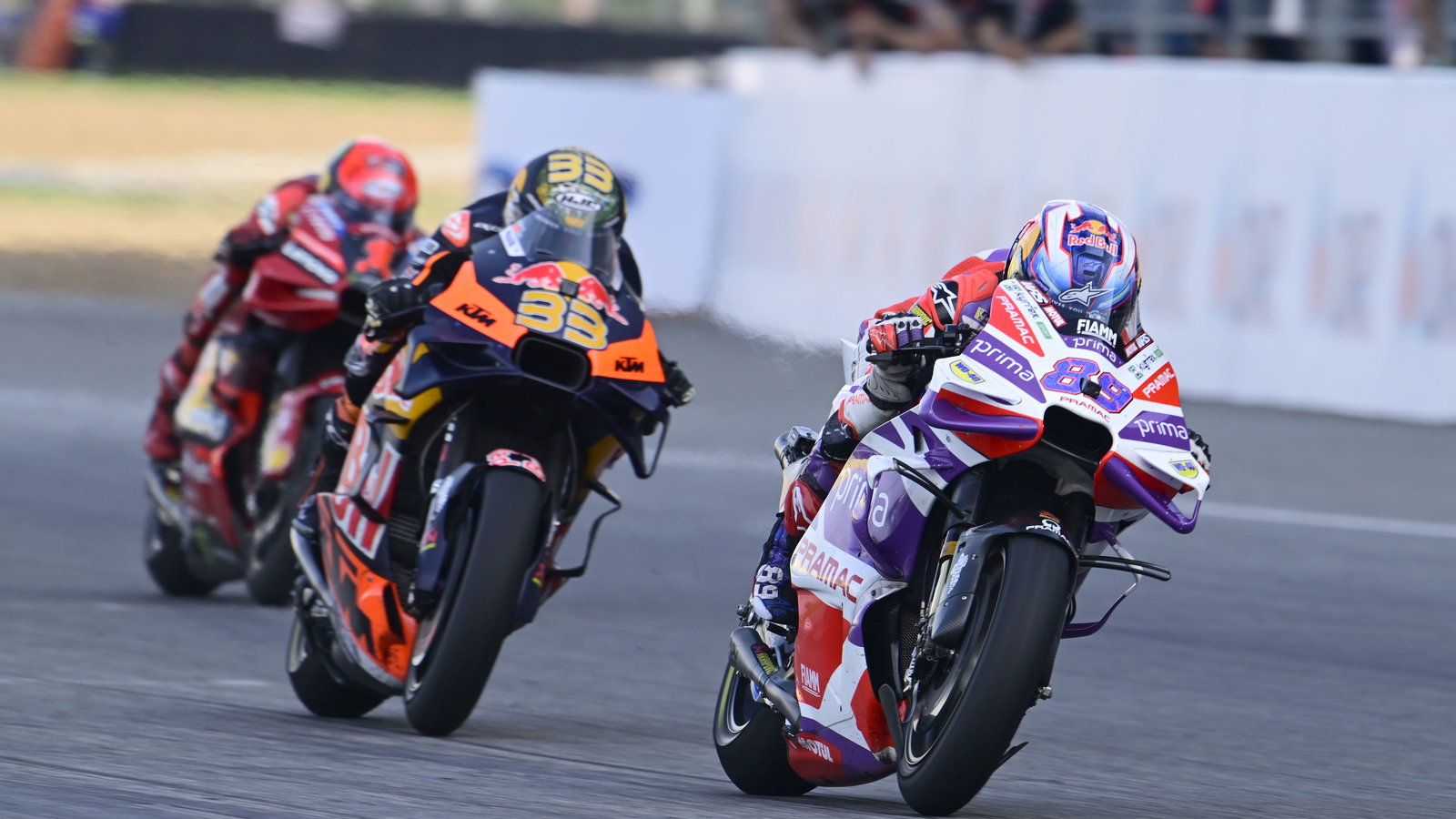 Jorge Martin, Brad Binder, Francesco Bagnaia, 2023 MotoGP Thai Grand Prix. - Gold and Goose
