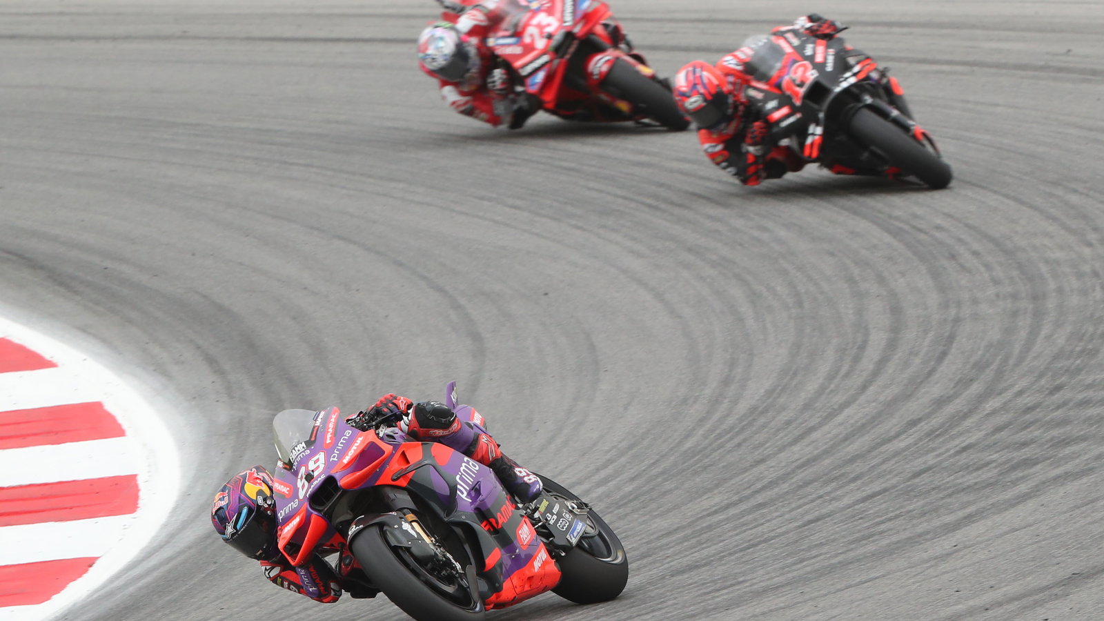 Jorge Martin, Maverick Vinales, Enea Bastianini, 2024 MotoGP Portuguese Grand Prix. - Gold and Goose