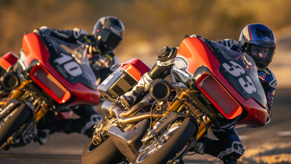 Wyman brothers on Harley-Davidson factory KotB Road Glides at 2023 Harley-Davidson Screamin' Eagle Factory Team launch