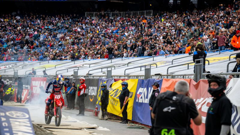 Jett Lawrence does a burnout after winning 2022 250SX East title in Foxborough. - Honda Racing Corporation.