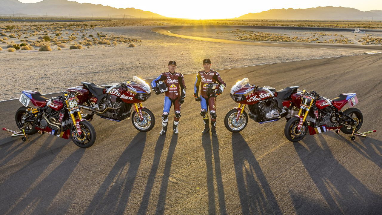 Jeremy McWilliams & Tyler O'Hara with Indian FTR750 & Indian Challenger at 2023 Indian Motorcycle Racing team launch.