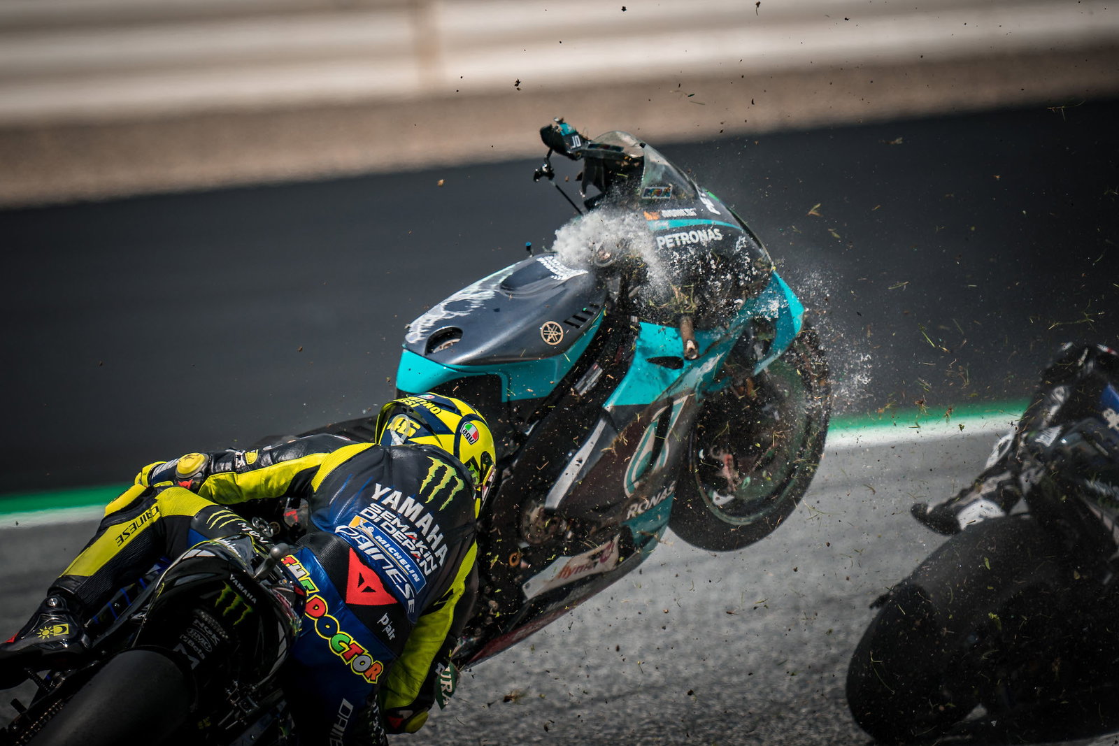 Franco Morbidelli's bike narrowly missing Valentino Rossi