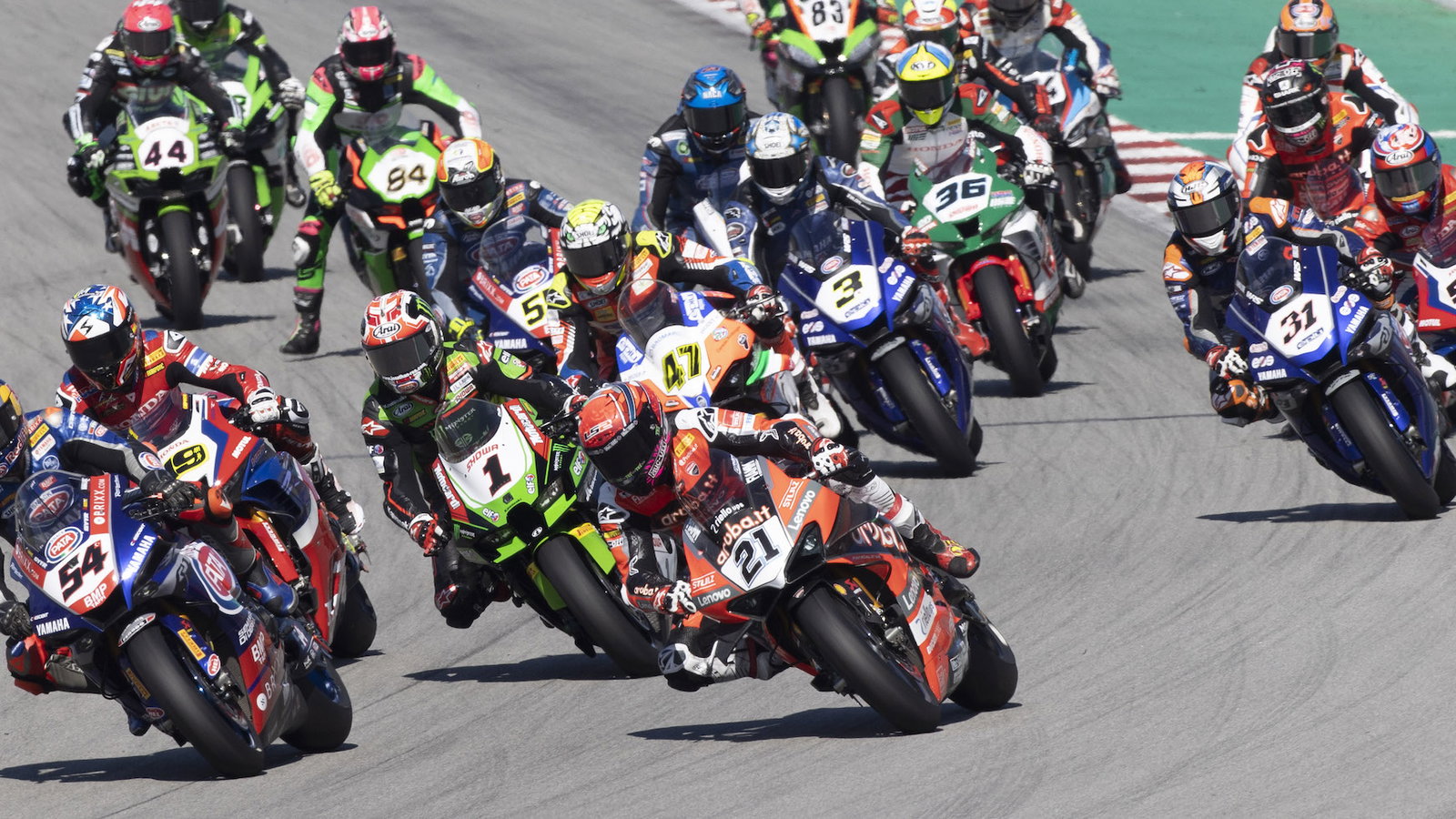 Start of the Catalunya WorldSBK race, group, Razgatlioglu, Redding, Rea