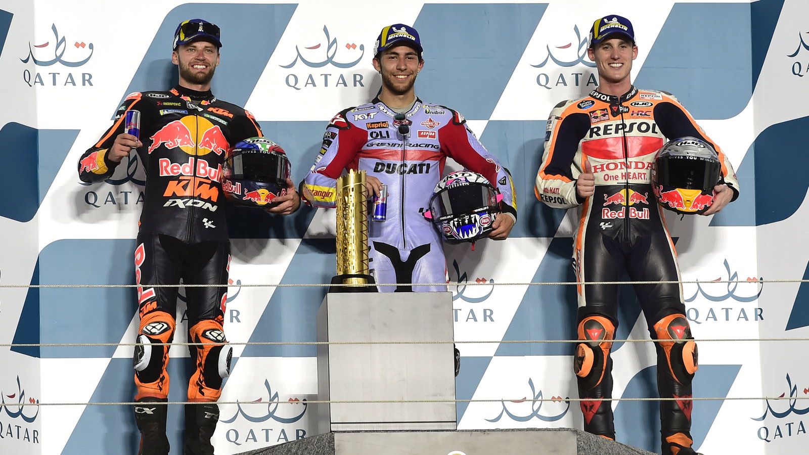 Qatar 2022 MotoGP podium with Enea Bastianini, Brad Binder, Pol Espargaro. 
