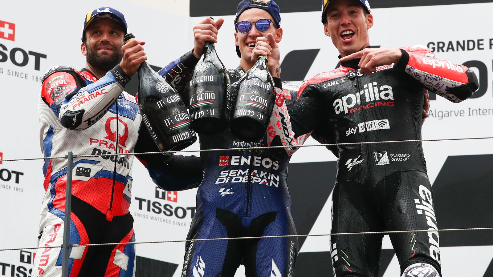 2022 Portuguese Grand Prix MotoGP podium with Fabio Quartararo, Johann Zarco, Aleix Espargaro.