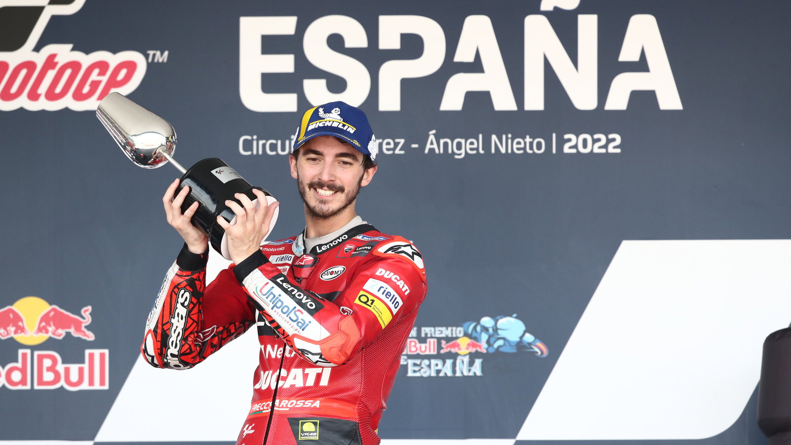 Francesco Bagnaia, 2022 Spanish Grand Prix podium. - Gold and Goose.