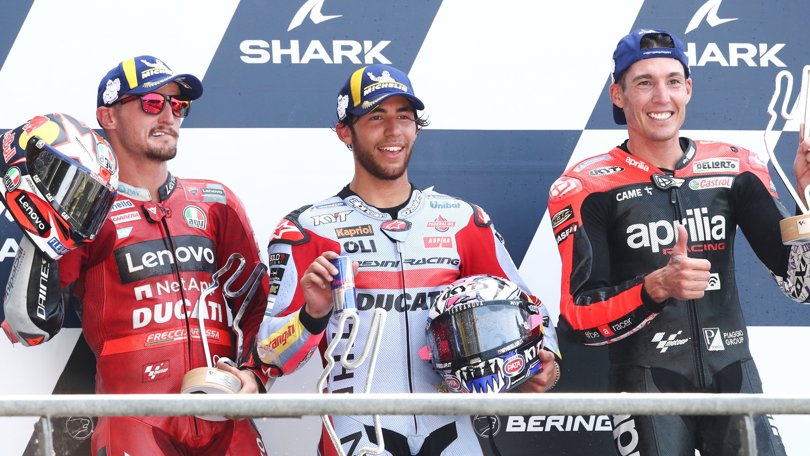 2022 MotoGP French Grand Prix podium finishers, Jack Miller, Enea Bastianini, Aleix Espargaro. - Gold and Goose