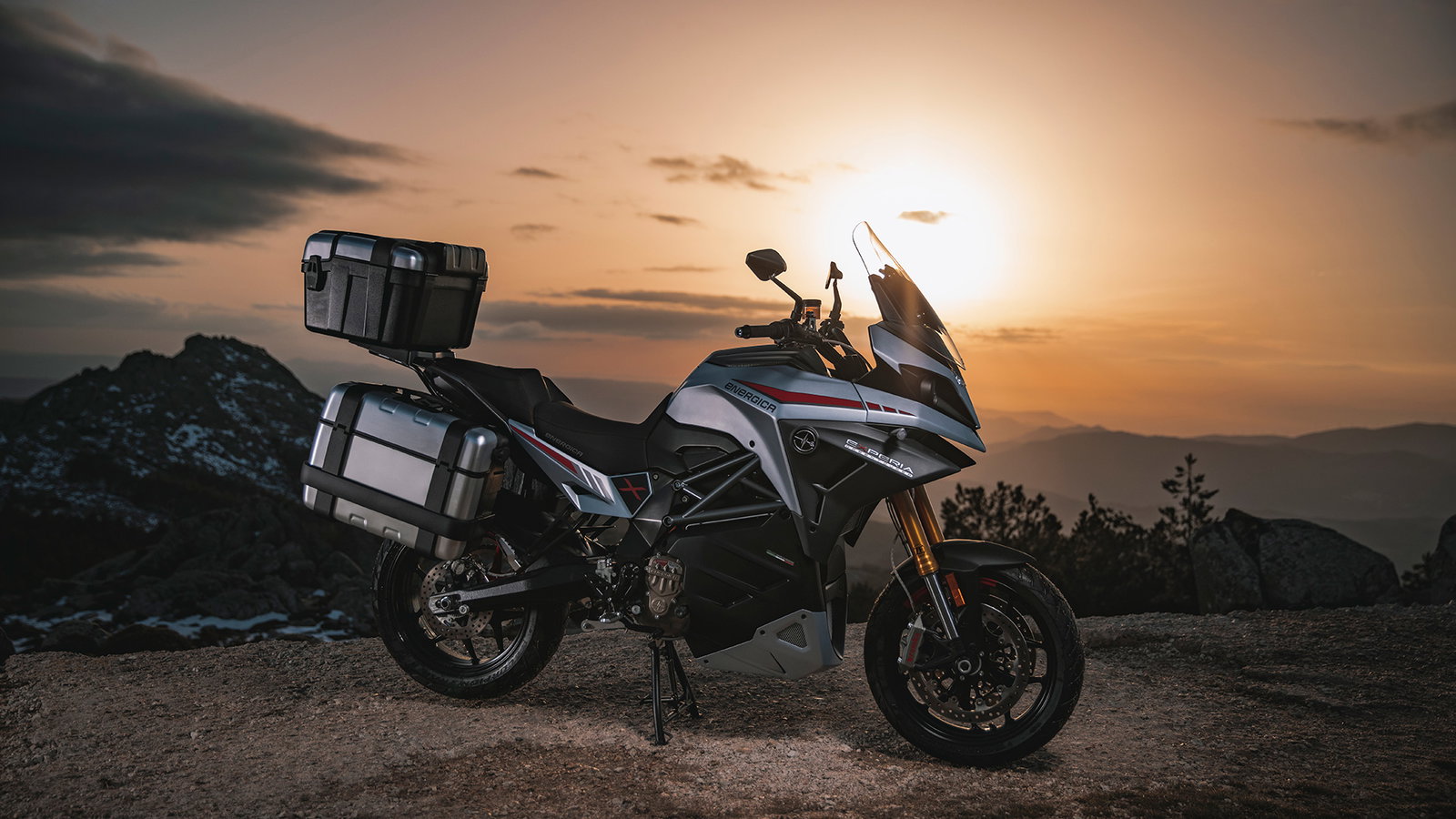 Experia electric sports touring motorcycle at sunset