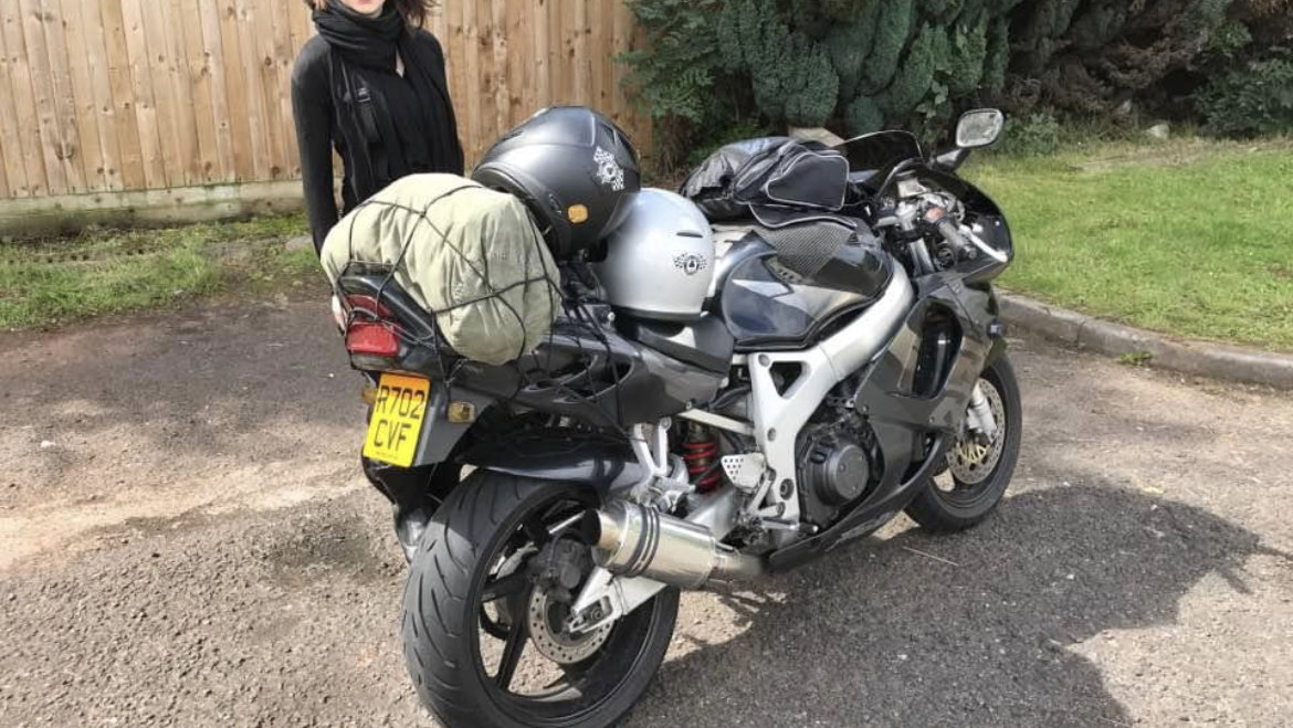 A 1998 Honda Fireblade loaded up for a road trip