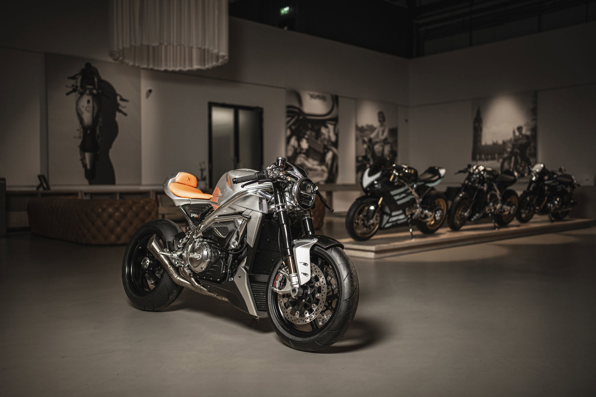 The foyer at Norton Motorcycles with some motorbikes from past and present