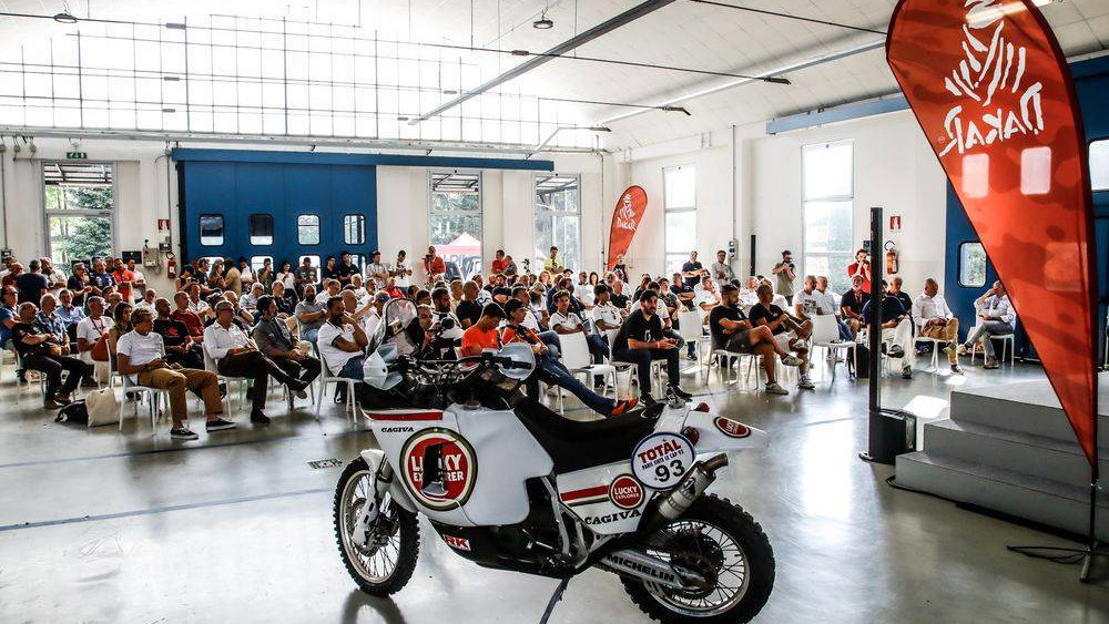 Lucky Explorer Cagiva Elefant 900 at 2023 Dakar Rally presentation in Schiranna.