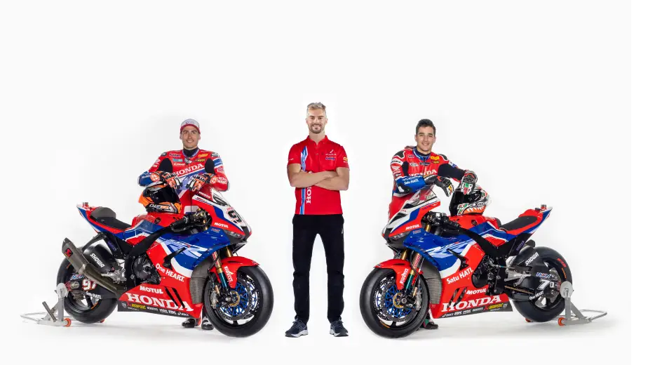 Leon Camier, Xavi Vierge, Iker Lecuona with 2023 Team HRC Honda CBR1000RR-R Fireblade, 2023 Team HRC WorldSBK team launch