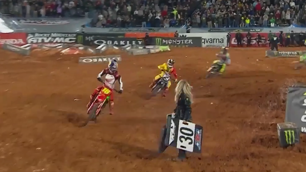 Jett Lawrence, Cooper Webb, Monster Energy card girl, 2024 Birmingham Supercross. - SuperMotocross World Championship