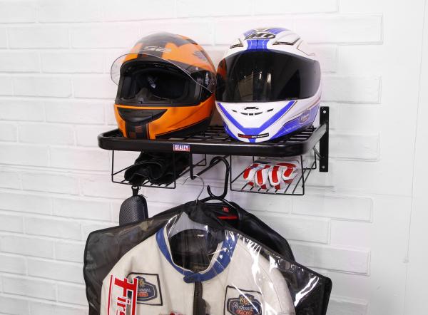 Motorcycle helmet and gear tidy, with two helmets and a jackets
